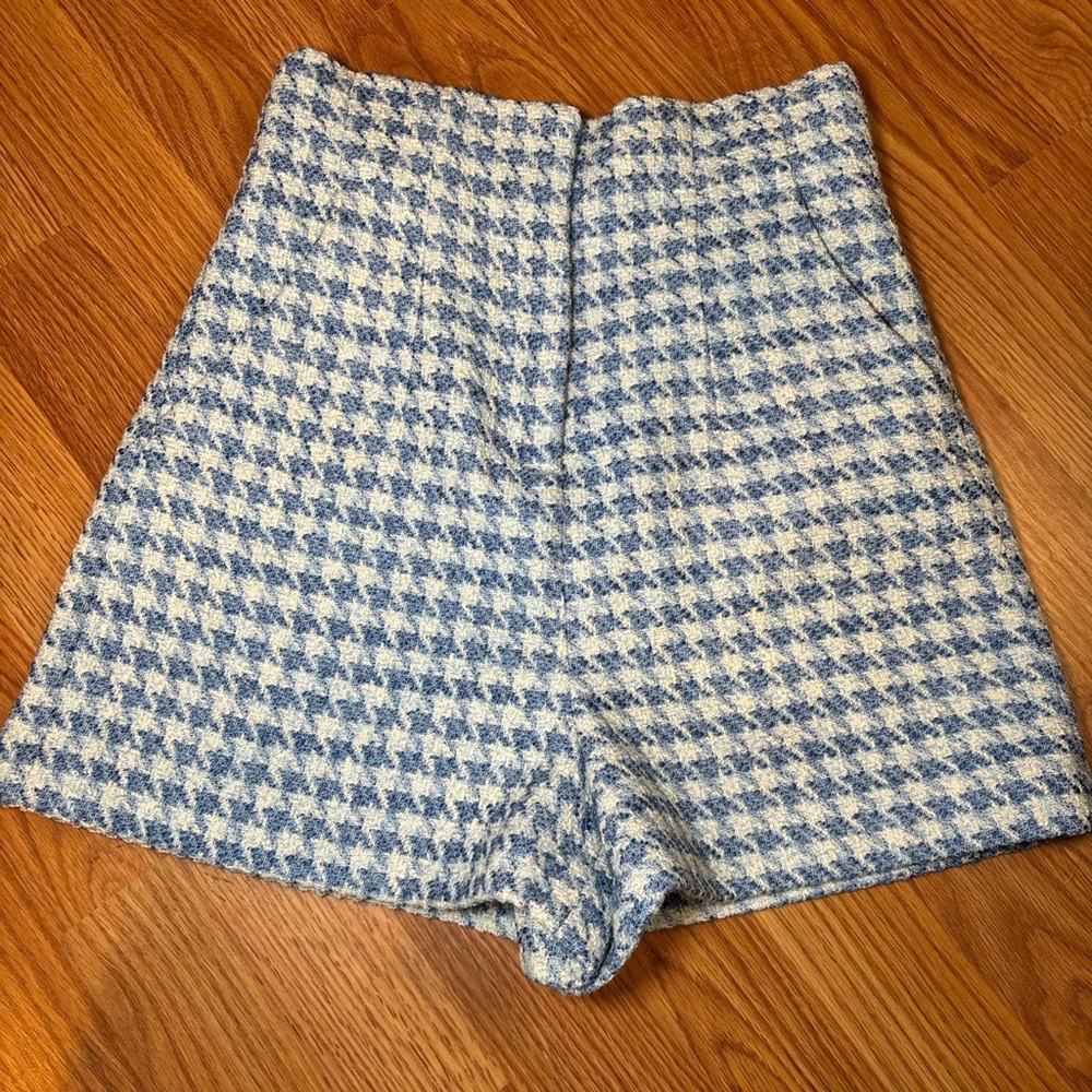 Zara High Waist Houndstooth Shorts - Blue and Cream